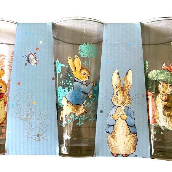 Beatrix Potter Peter Rabbit Glass Tumblers 16oz Set of 4 Spring Floral NEW - Picture 4 of 15